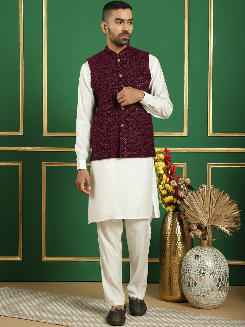 Men's Velvet Nehru Jacket With Solid Kurta Pyjama