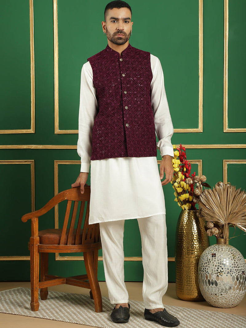 Men's Velvet Nehru Jacket With Solid Kurta Pyjama