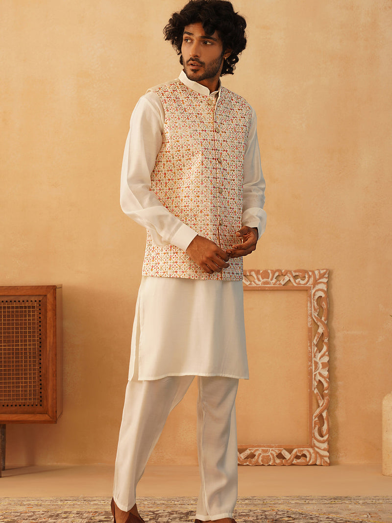 Embroidered Nehru Jacket With Solid Kurta Pyjama Set