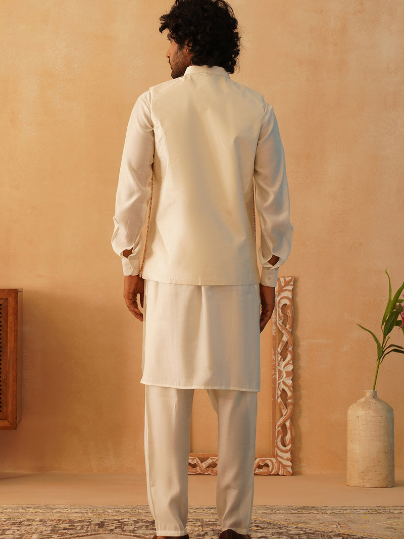 Embroidered Nehru Jacket With Solid Kurta Pyjama Set