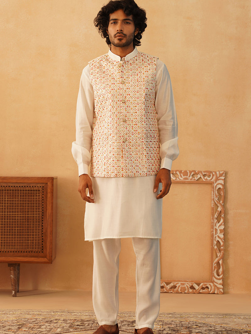 Embroidered Nehru Jacket With Solid Kurta Pyjama Set