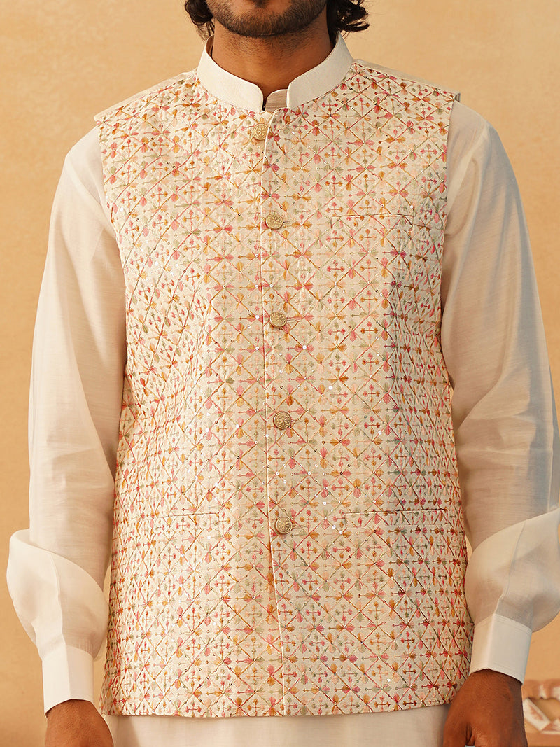 Embroidered Nehru Jacket With Solid Kurta Pyjama Set