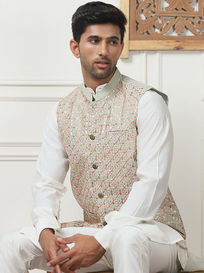 Embroidered With Sequin Silk Blend Nehru Jacket