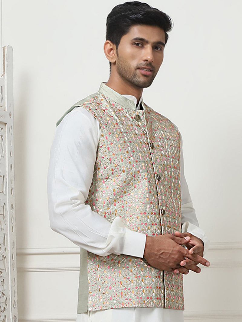 Embroidered With Sequin Silk Blend Nehru Jacket