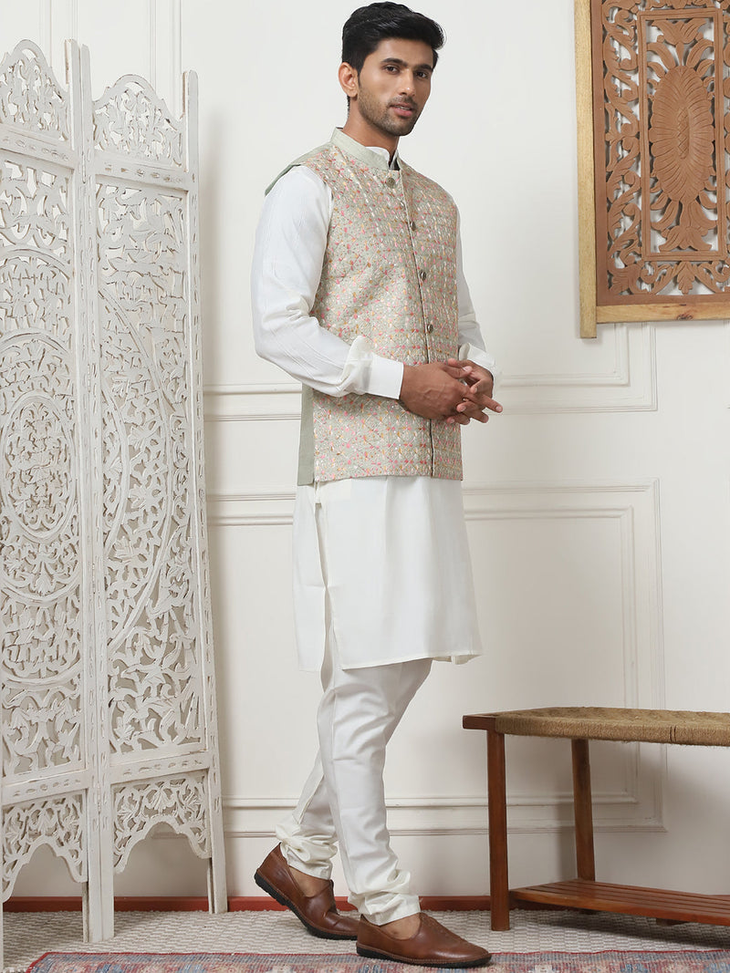 Embroidered Nehru Jacket With Solid Kurta Pyjama Set