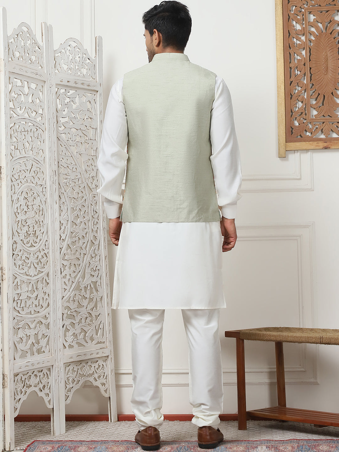 Embroidered Nehru Jacket With Solid Kurta Pyjama Set