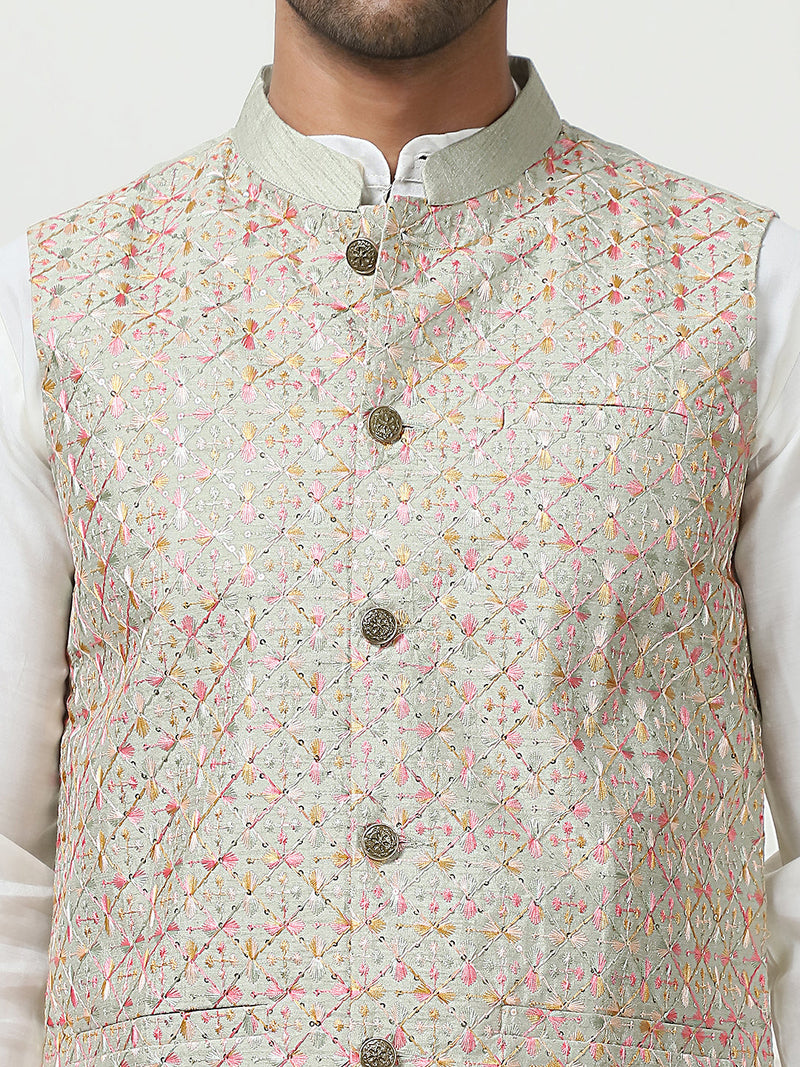 Embroidered With Sequin Silk Blend Nehru Jacket