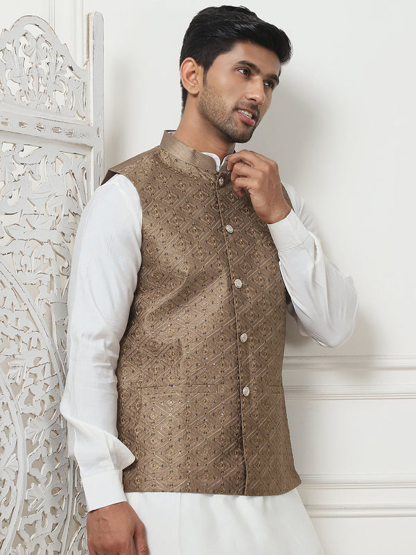 Embroidered Nehru Jacket With Solid Kurta Pyjama Set