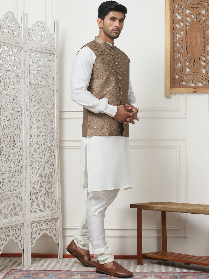 Embroidered Nehru Jacket With Solid Kurta Pyjama Set