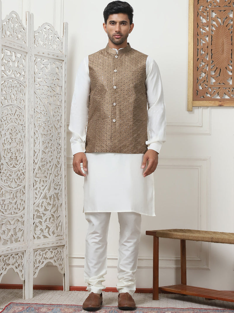 Embroidered Nehru Jacket With Solid Kurta Pyjama Set