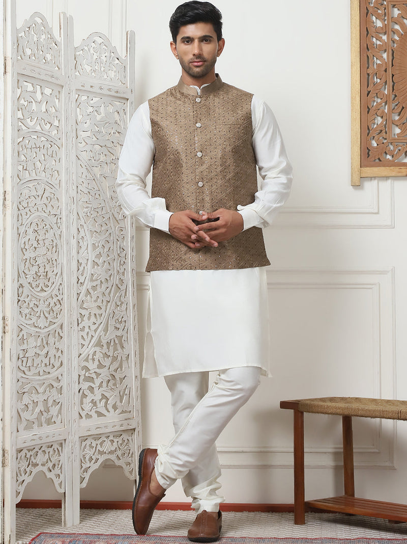 Embroidered Nehru Jacket With Solid Kurta Pyjama Set