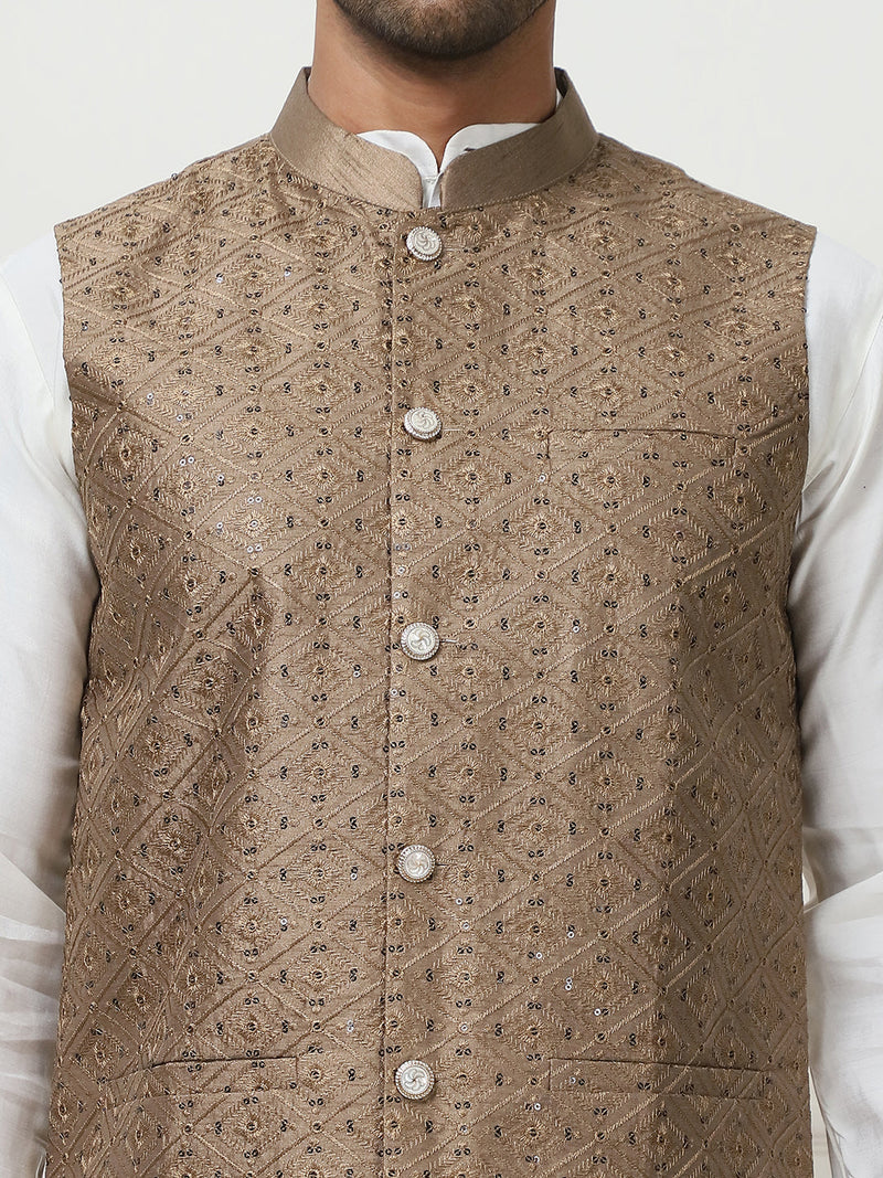 Embroidered Nehru Jacket With Solid Kurta Pyjama Set