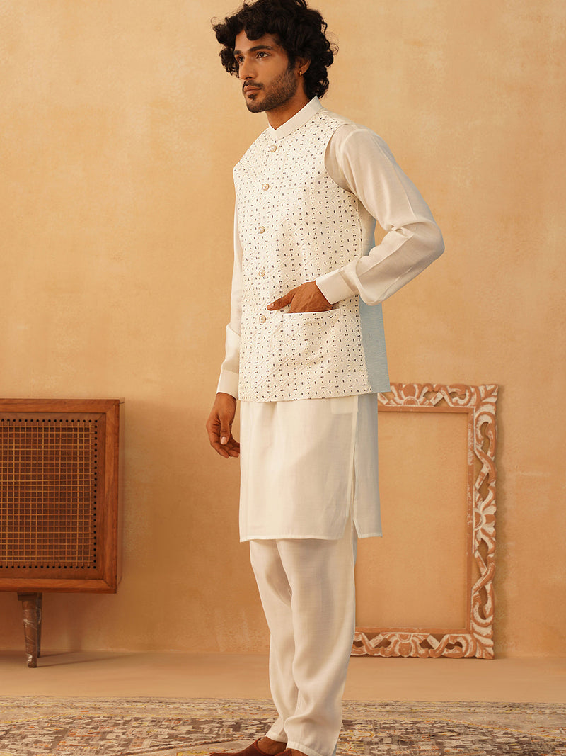 Embroidered Nehru Jacket With Solid Kurta Pyjama Set