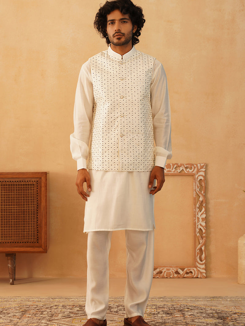 Embroidered Nehru Jacket With Solid Kurta Pyjama Set