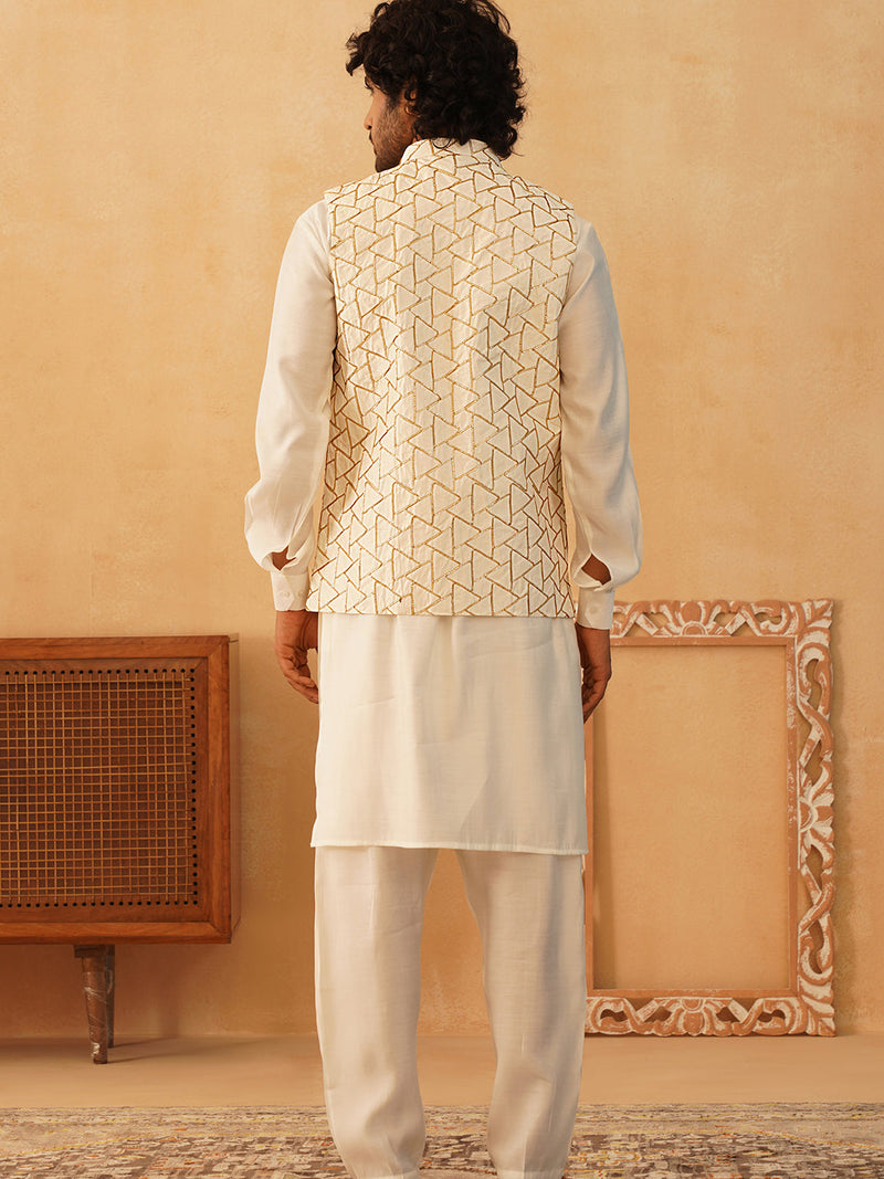 Embroidered Nehru Jacket With Solid Kurta Pyjama Set