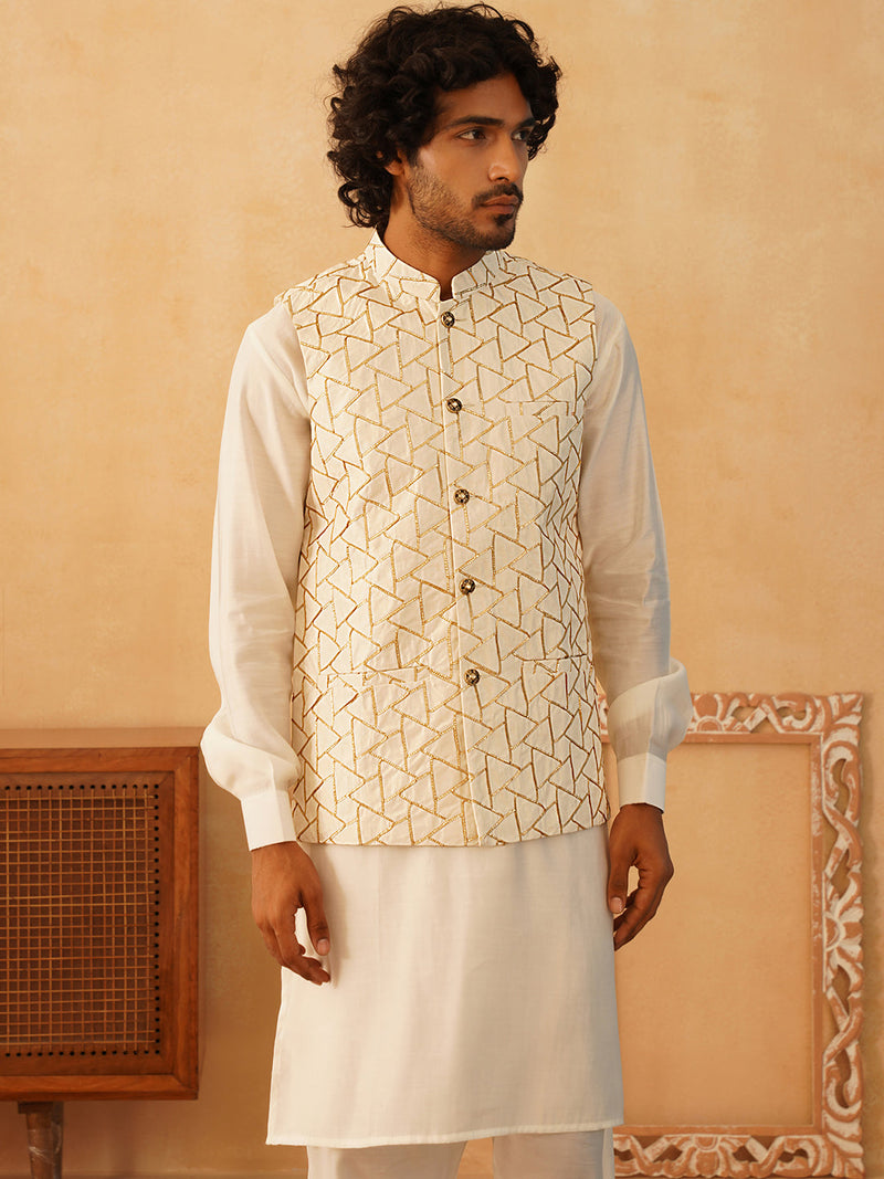 Embroidered Nehru Jacket With Solid Kurta Pyjama Set