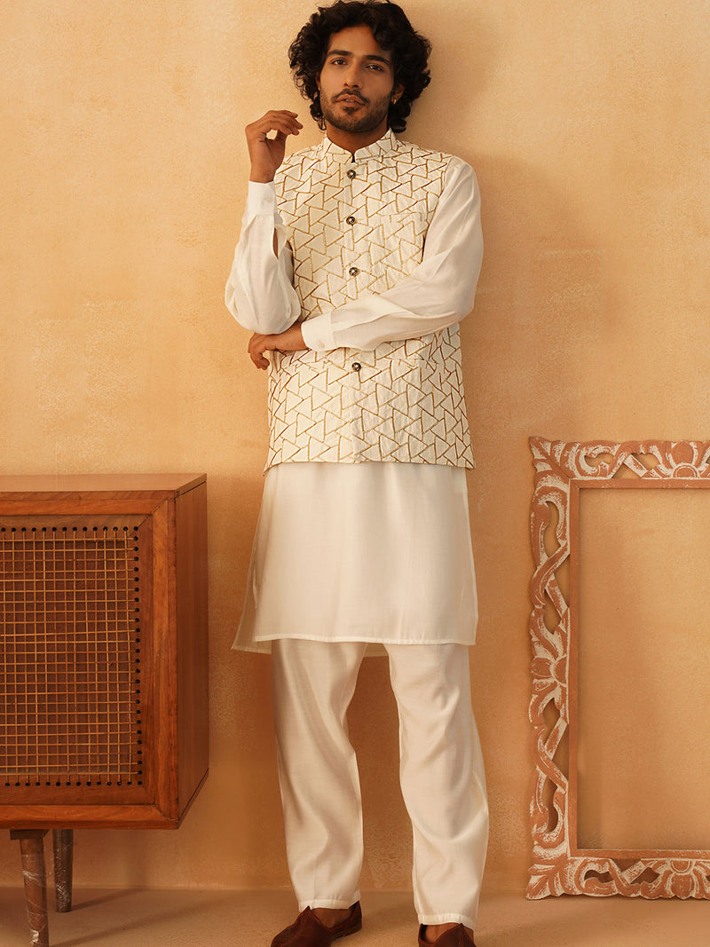 Embroidered Nehru Jacket With Solid Kurta Pyjama Set