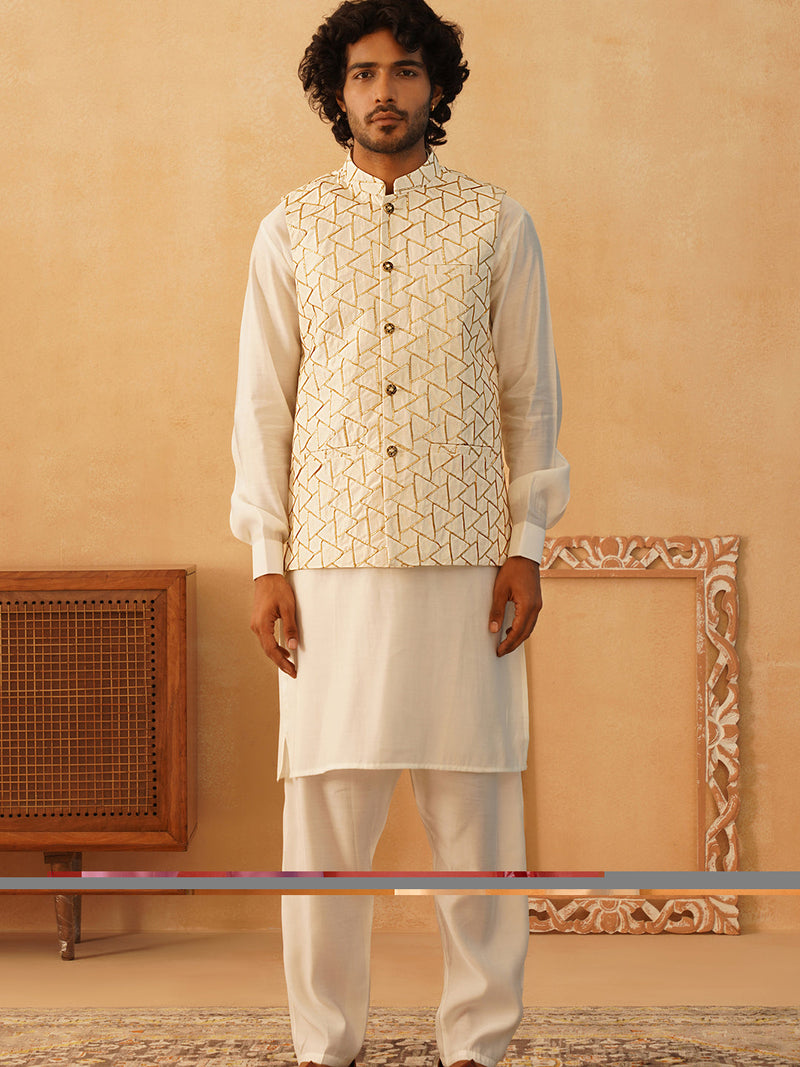 Embroidered Nehru Jacket With Solid Kurta Pyjama Set