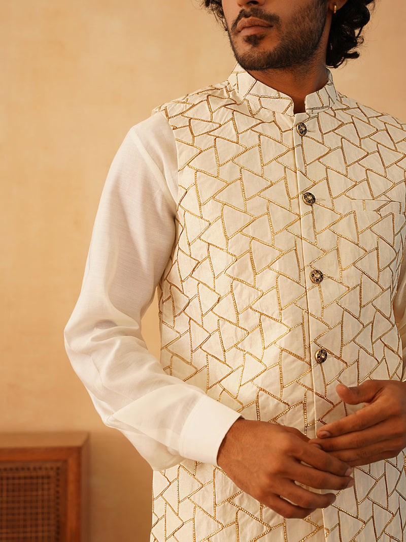 Embroidered Nehru Jacket With Solid Kurta Pyjama Set