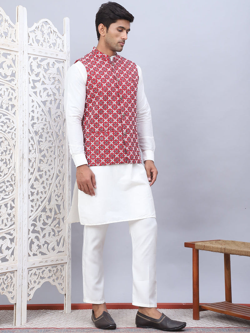 Embroidered Nehru Jacket With Solid Kurta Pyjama Set