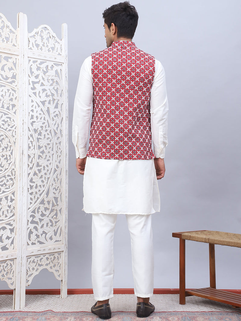 Embroidered Nehru Jacket With Solid Kurta Pyjama Set