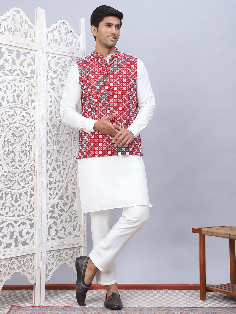 Embroidered Nehru Jacket With Solid Kurta Pyjama Set