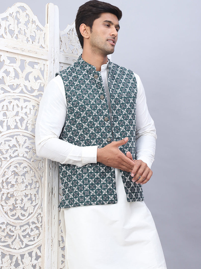 Embroidered Nehru Jacket With Solid Kurta Pyjama Set