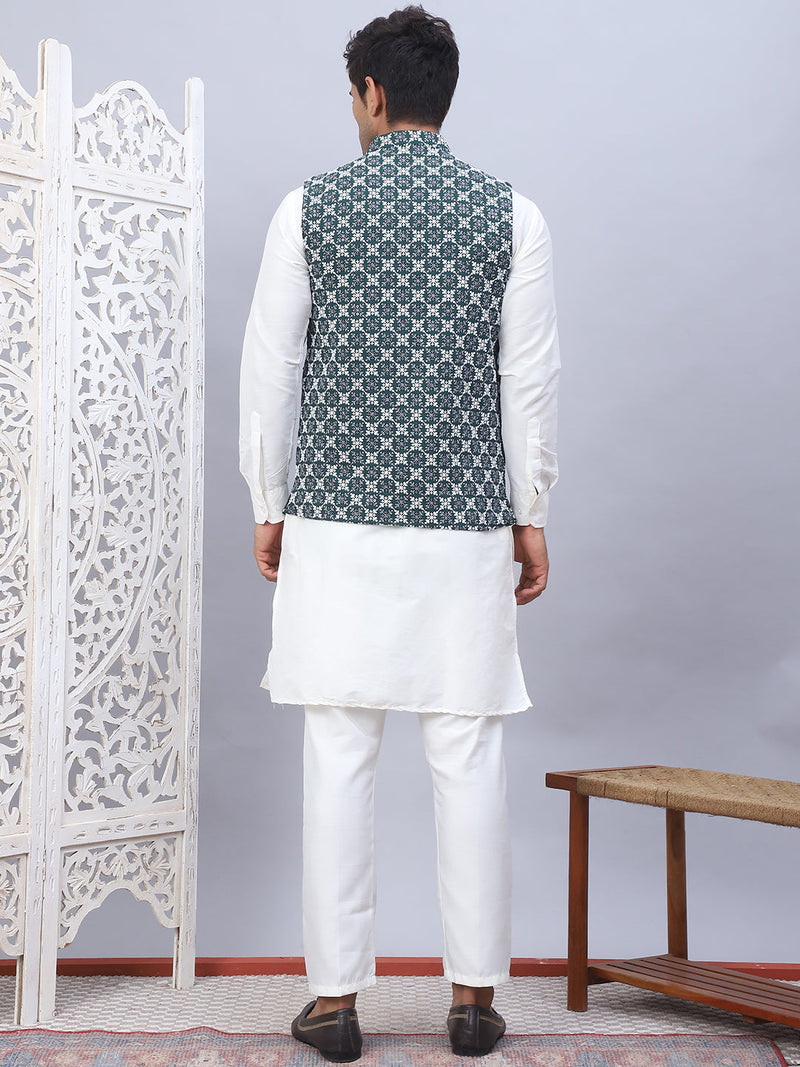 Embroidered Nehru Jacket With Solid Kurta Pyjama Set