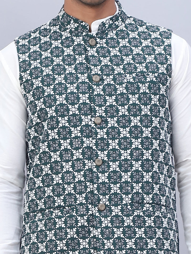 Embroidered Nehru Jacket With Solid Kurta Pyjama Set