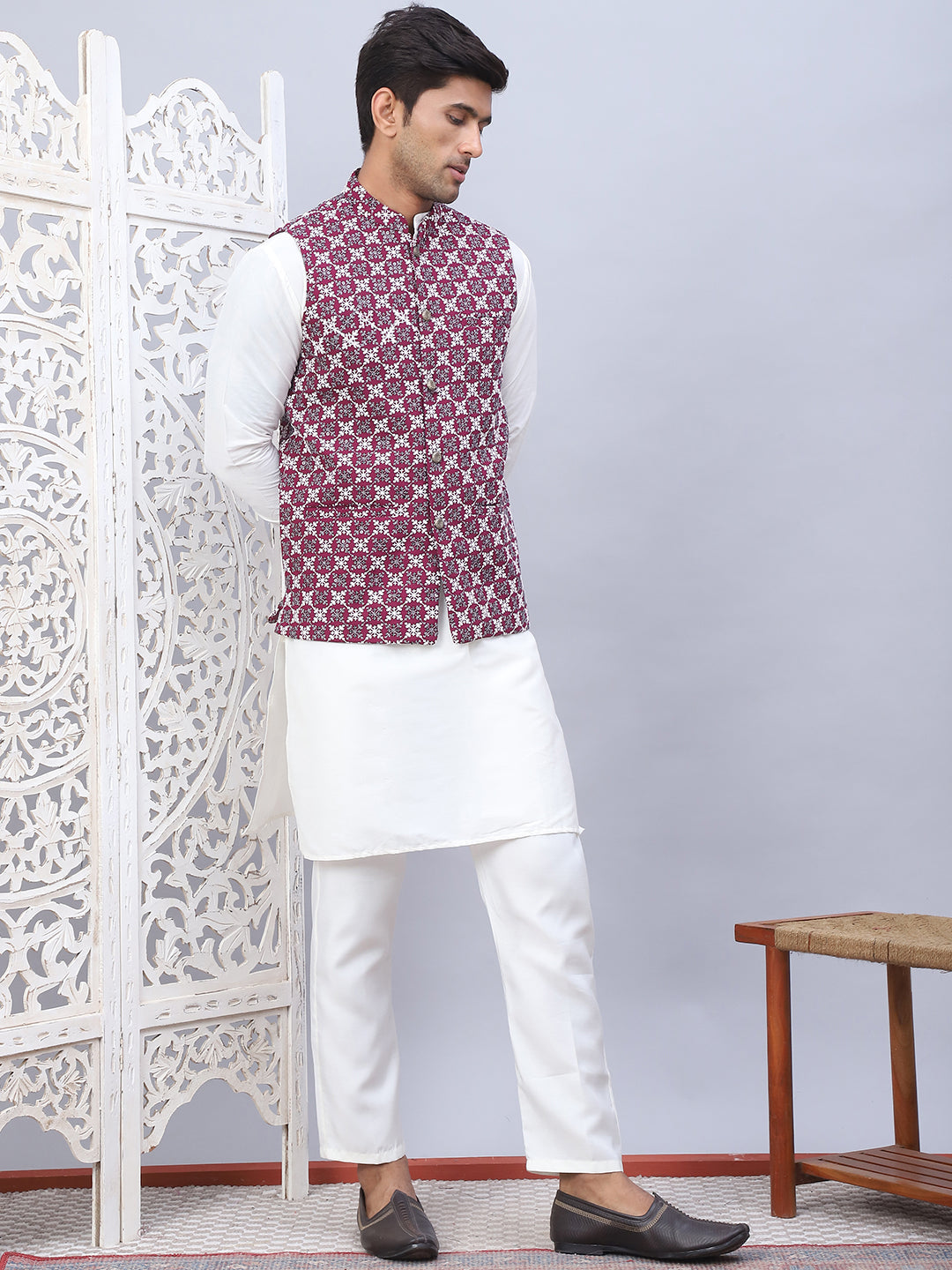 Embroidered Nehru Jacket With Solid Kurta Pyjama Set