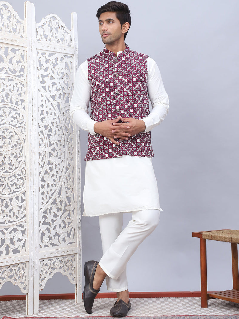 Embroidered Nehru Jacket With Solid Kurta Pyjama Set