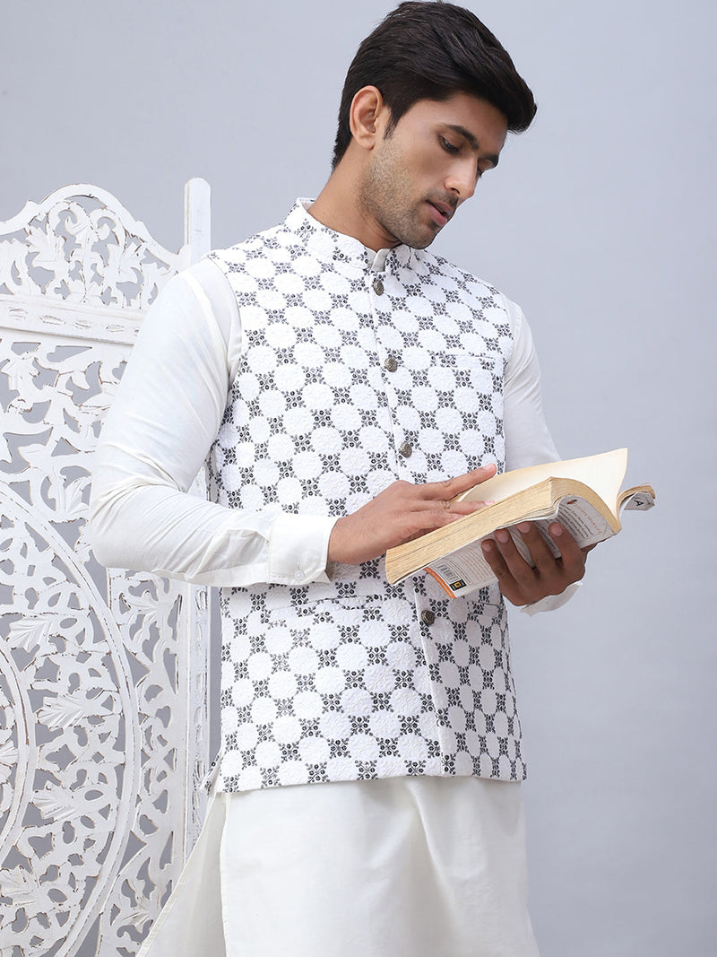 Embroidered Nehru Jacket With Solid Kurta Pyjama Set