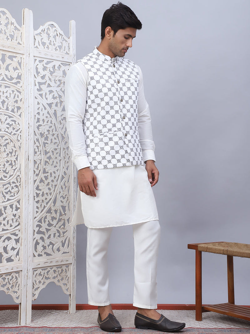 Embroidered Nehru Jacket With Solid Kurta Pyjama Set