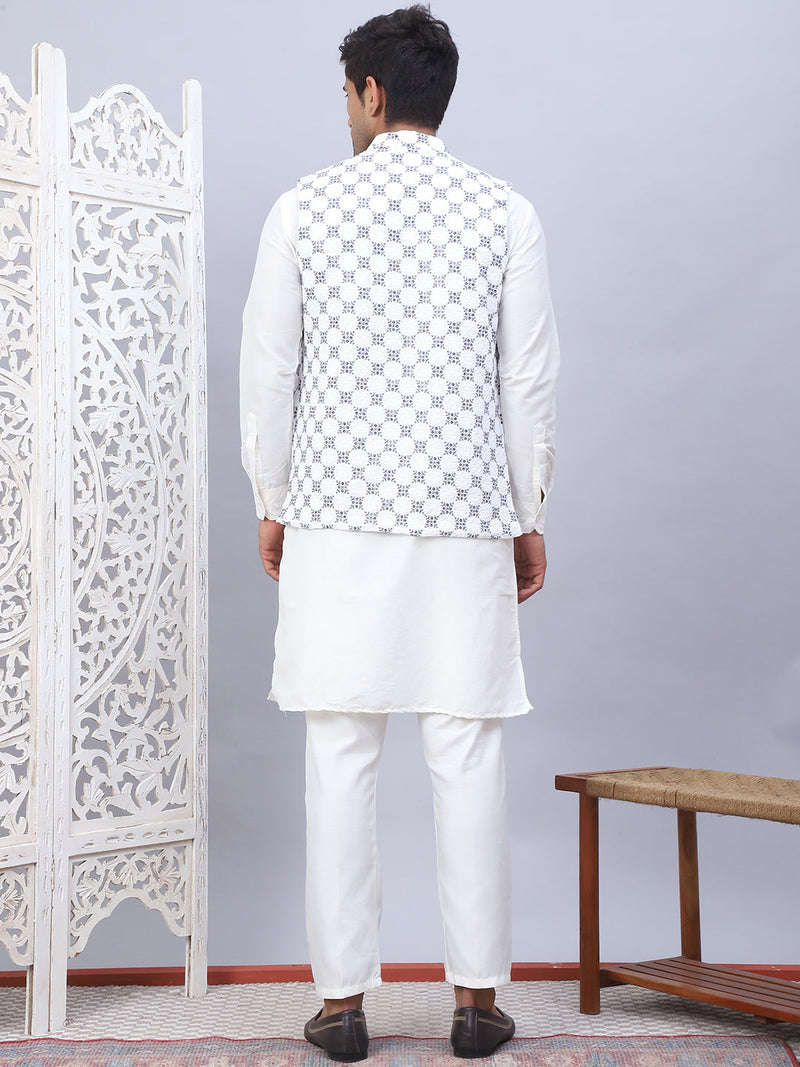 Embroidered Nehru Jacket With Solid Kurta Pyjama Set