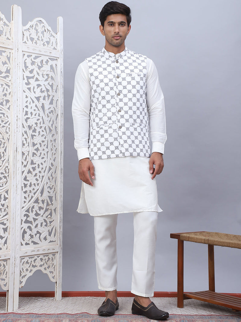 Embroidered Nehru Jacket With Solid Kurta Pyjama Set