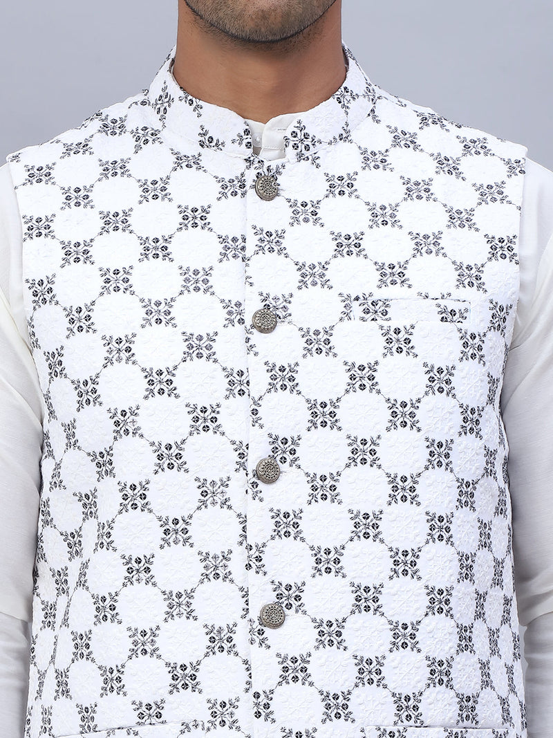 Embroidered Nehru Jacket With Solid Kurta Pyjama Set