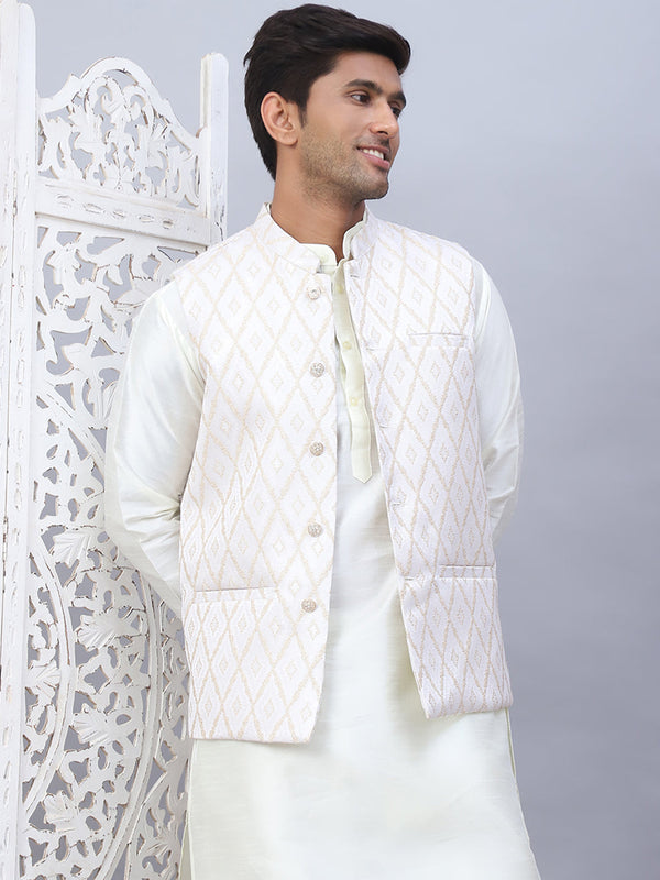 Embossed Nehru Jacket With Solid Kurta Pyjama Set