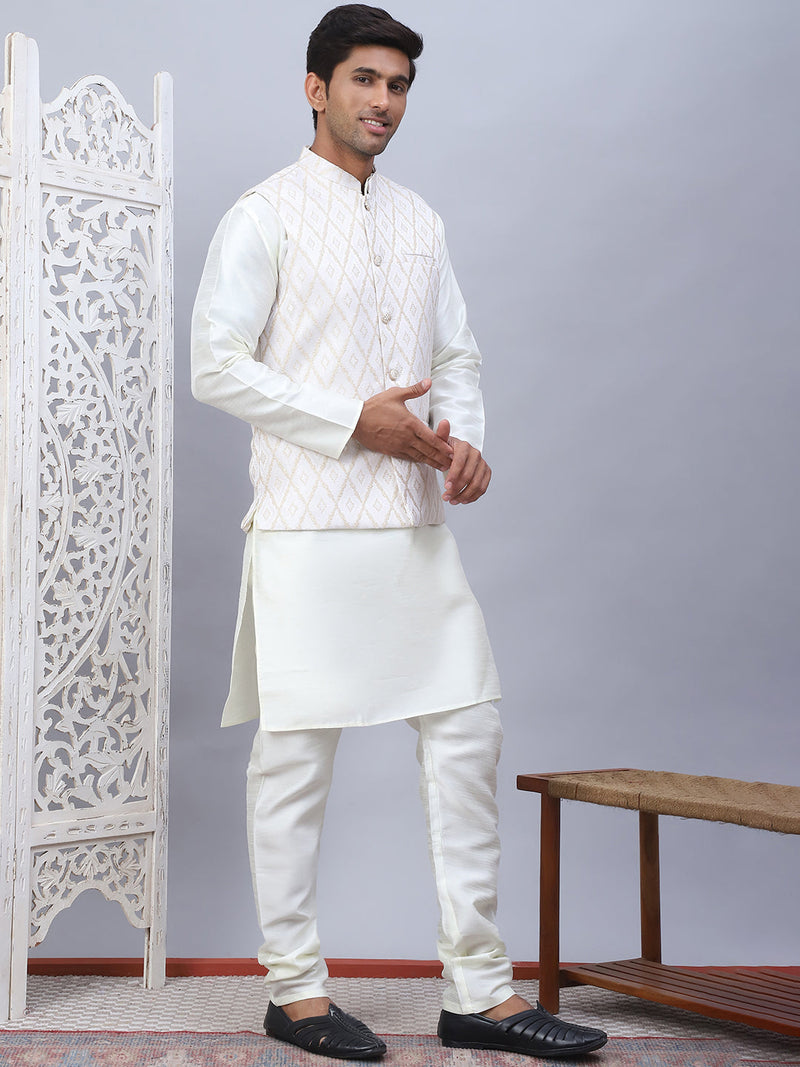 Embossed Nehru Jacket With Solid Kurta Pyjama Set