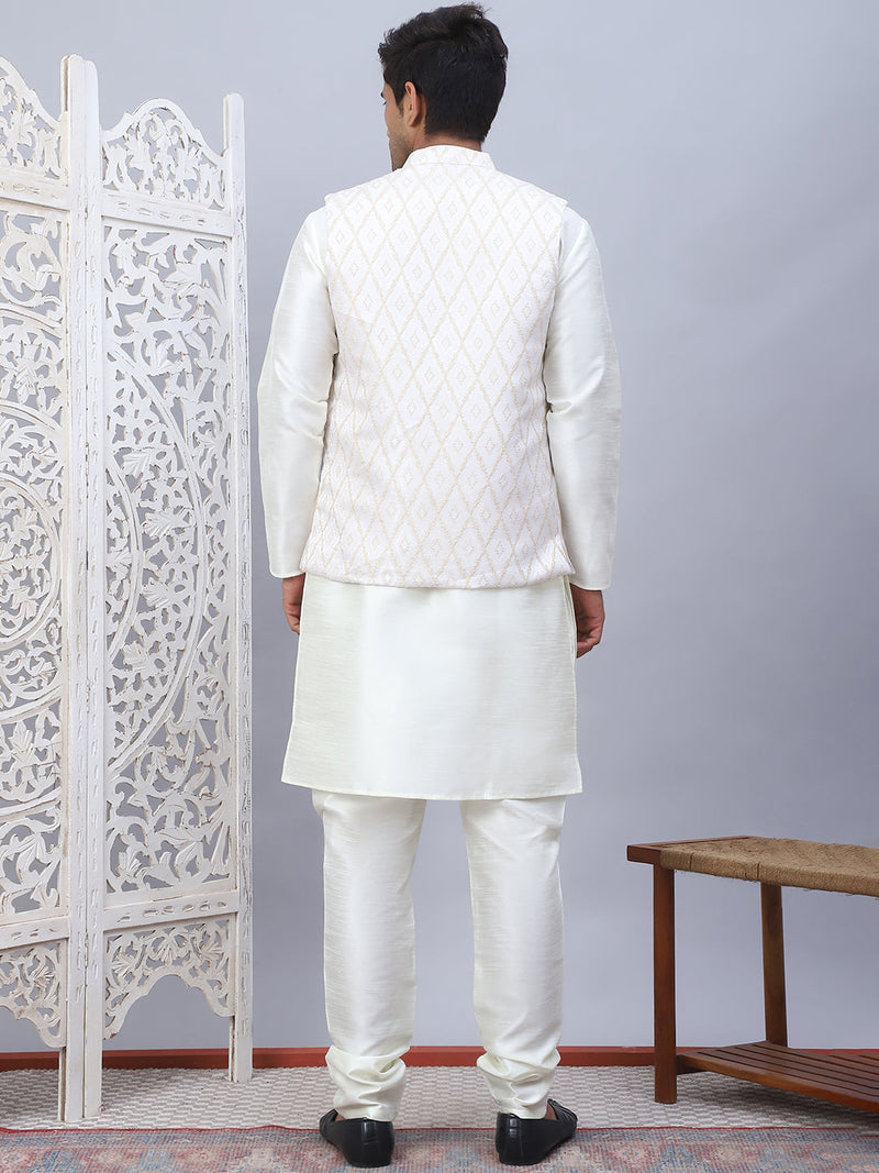 Embossed Nehru Jacket With Solid Kurta Pyjama Set