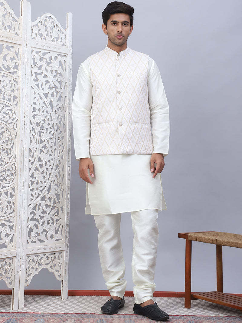 Embossed Nehru Jacket With Solid Kurta Pyjama Set