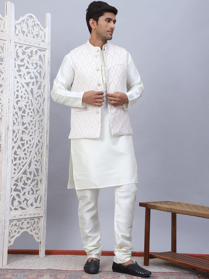 Embossed Nehru Jacket With Solid Kurta Pyjama Set