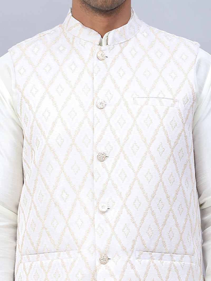 Embossed Nehru Jacket With Solid Kurta Pyjama Set