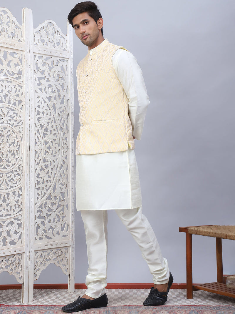 Embossed Nehru Jacket With Solid Kurta Pyjama Set