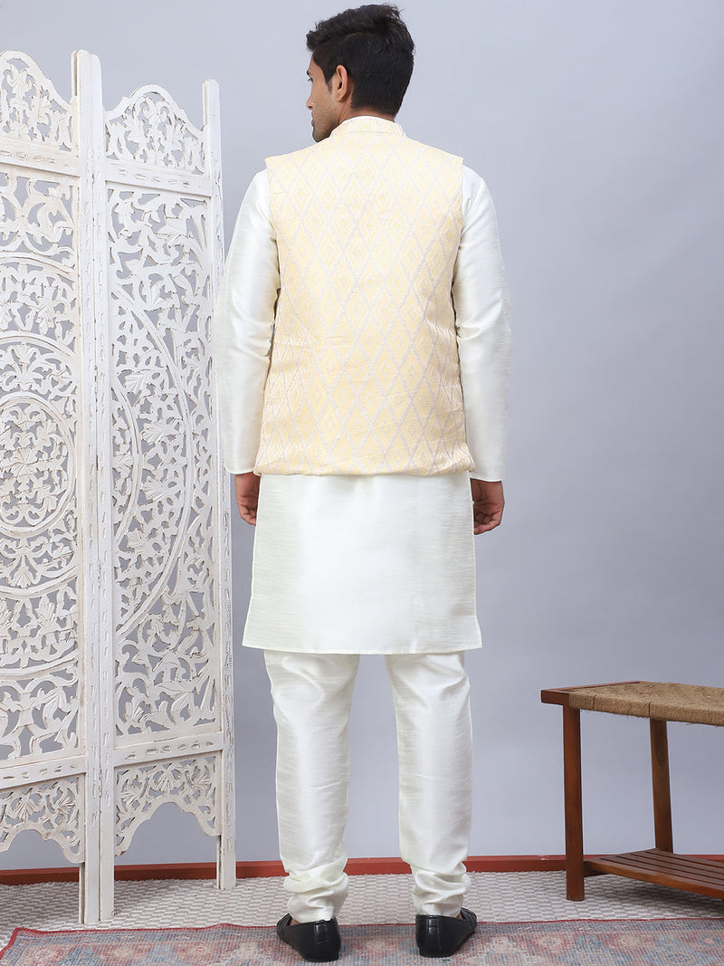 Embossed Nehru Jacket With Solid Kurta Pyjama Set