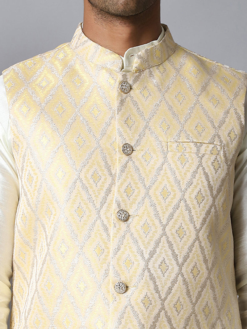 Embossed Nehru Jacket With Solid Kurta Pyjama Set