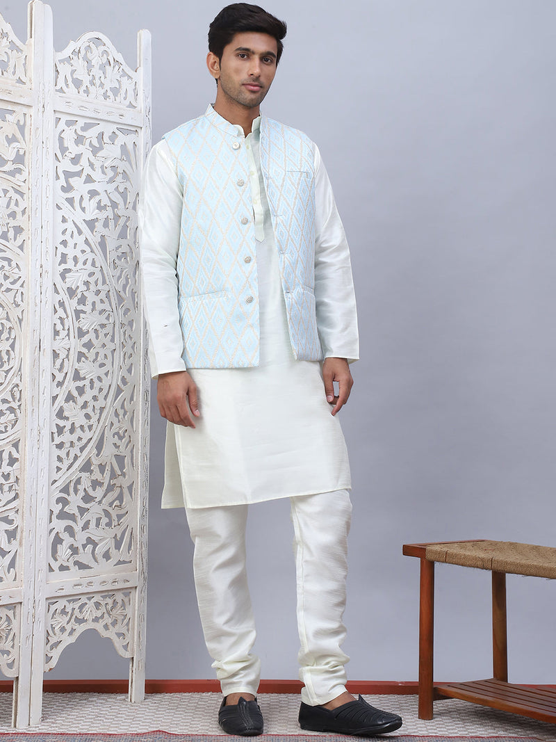 Embossed Nehru Jacket With Solid Kurta Pyjama Set