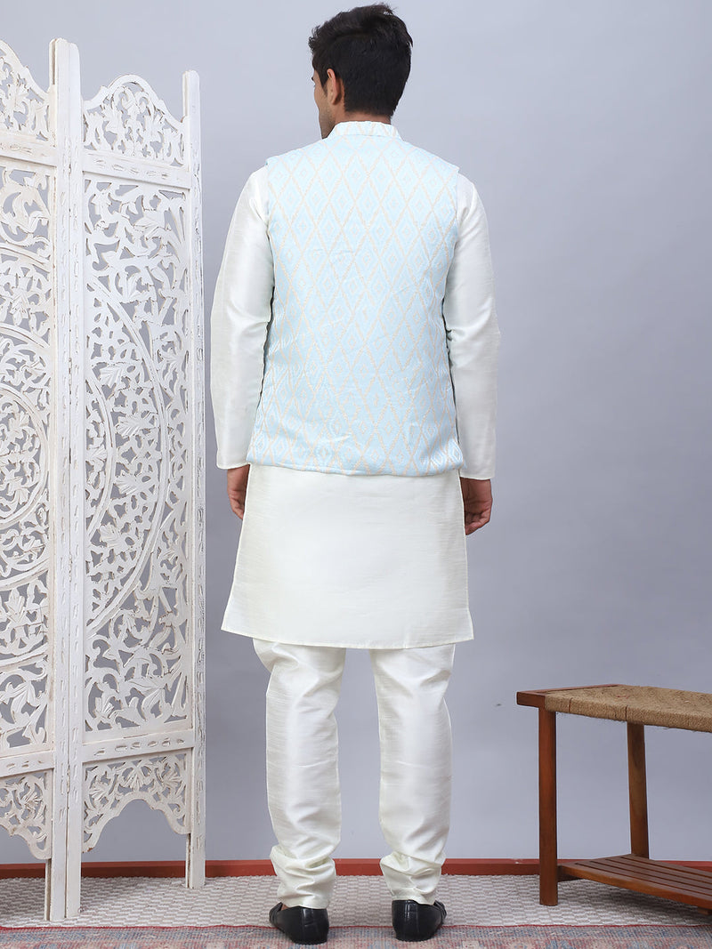 Embossed Nehru Jacket With Solid Kurta Pyjama Set