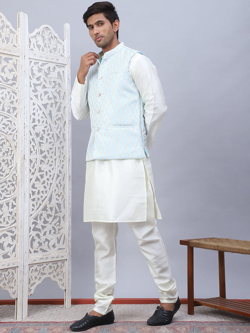 Embossed Nehru Jacket With Solid Kurta Pyjama Set