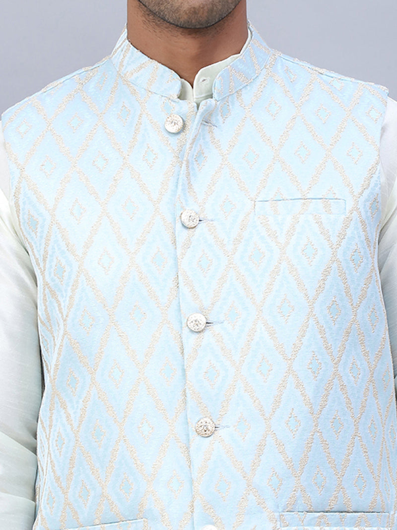 Embossed Nehru Jacket With Solid Kurta Pyjama Set