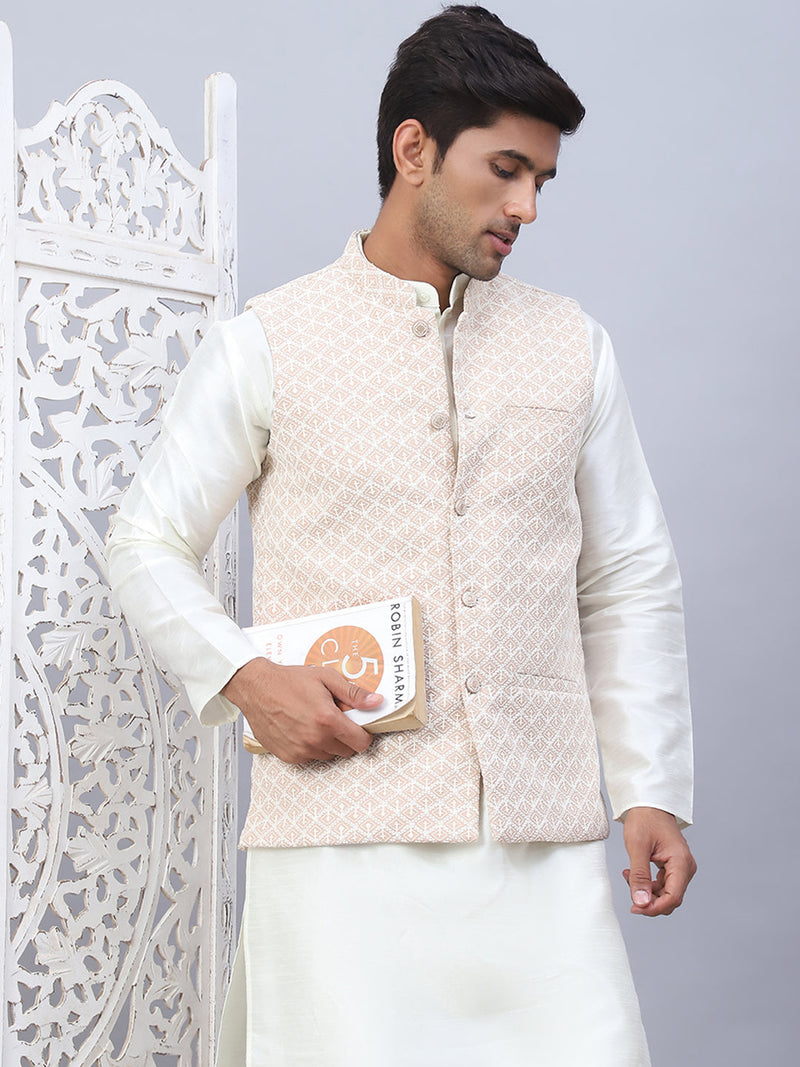 Embroidered Nehru Jacket With Solid Kurta Pyjama Set